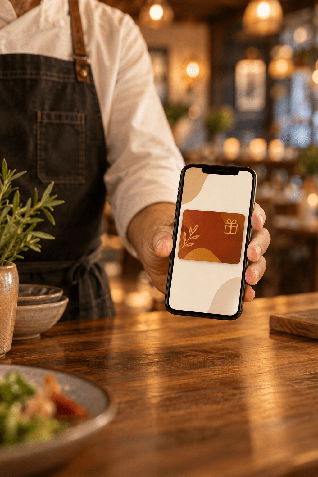 Restaurateur présentant la carte de fidélité digitale de son restaurant sur son téléphone