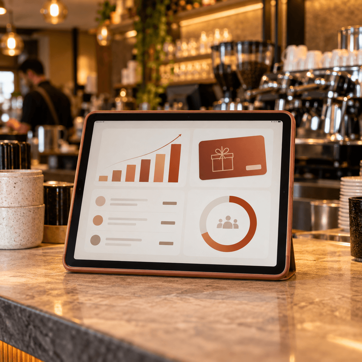 Tableau de bord affichant les statistiques de participation et les récompenses au comptoir d'un restaurant