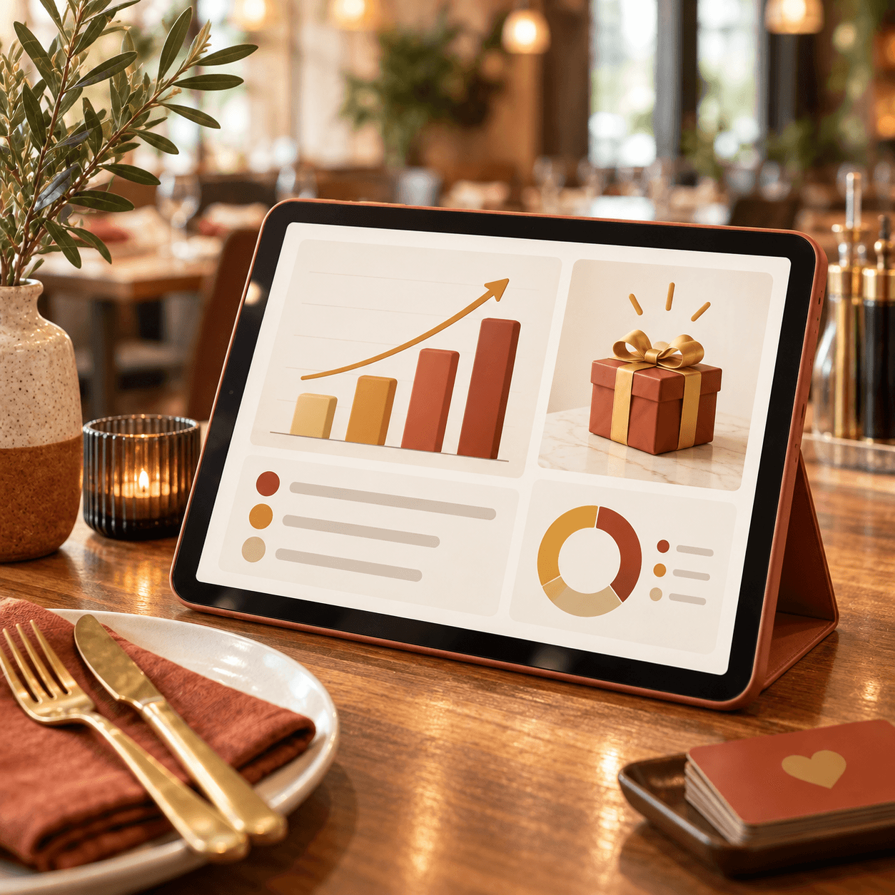 Tablette affichant les statistiques de fidélité sur une table de restaurant