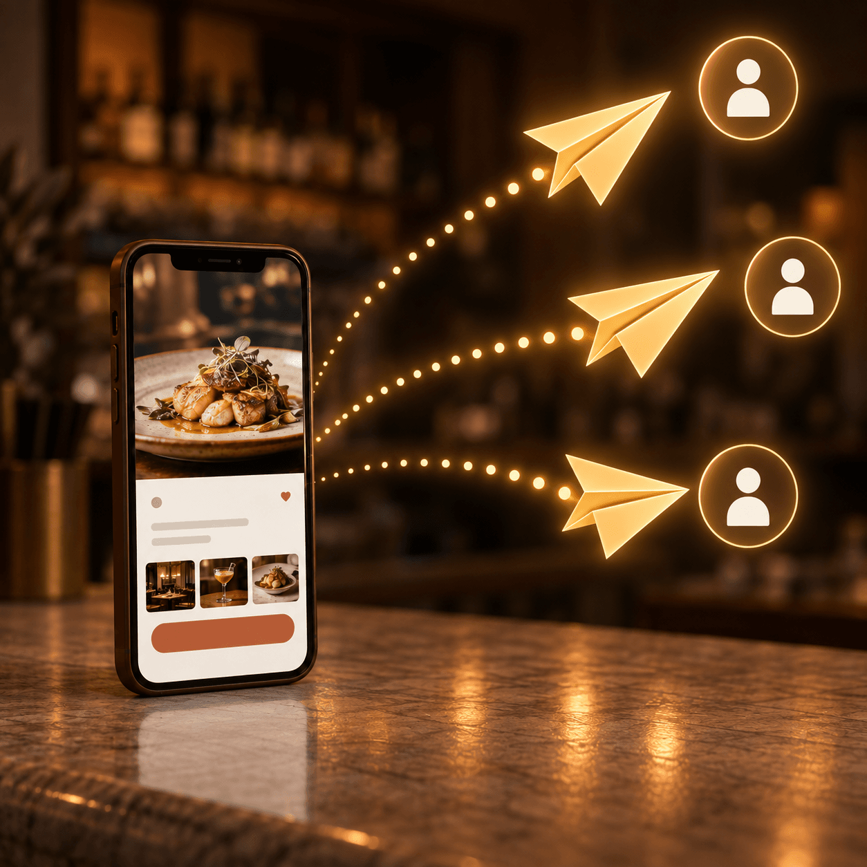 Téléphone au comptoir envoyant un message à plusieurs clients