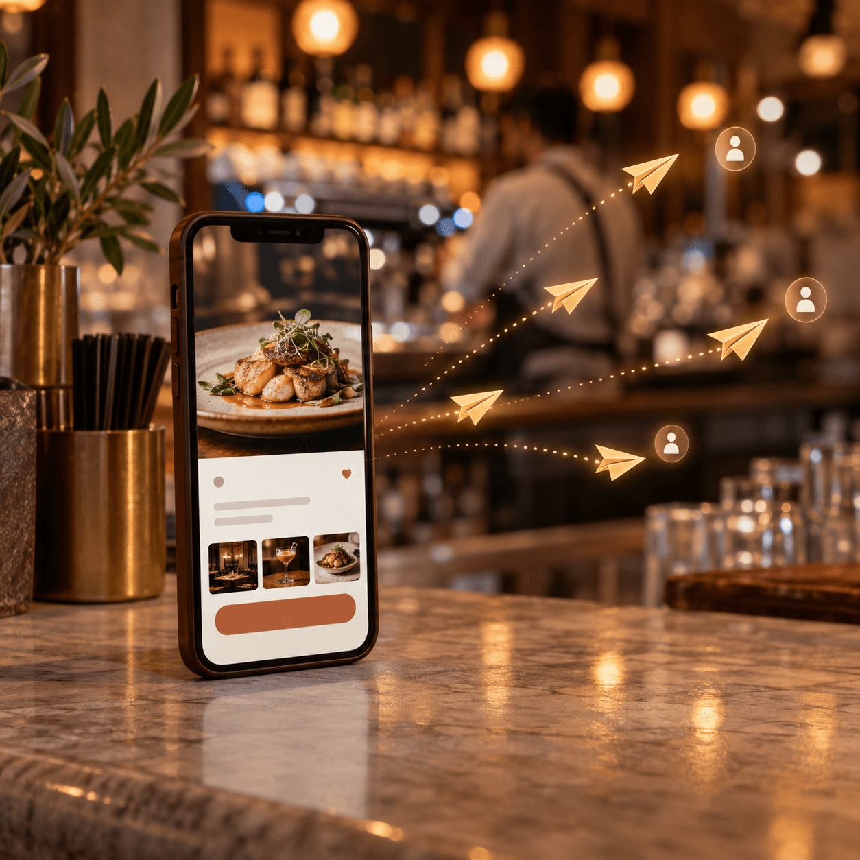 Téléphone au comptoir affichant un message envoyé à plusieurs clients