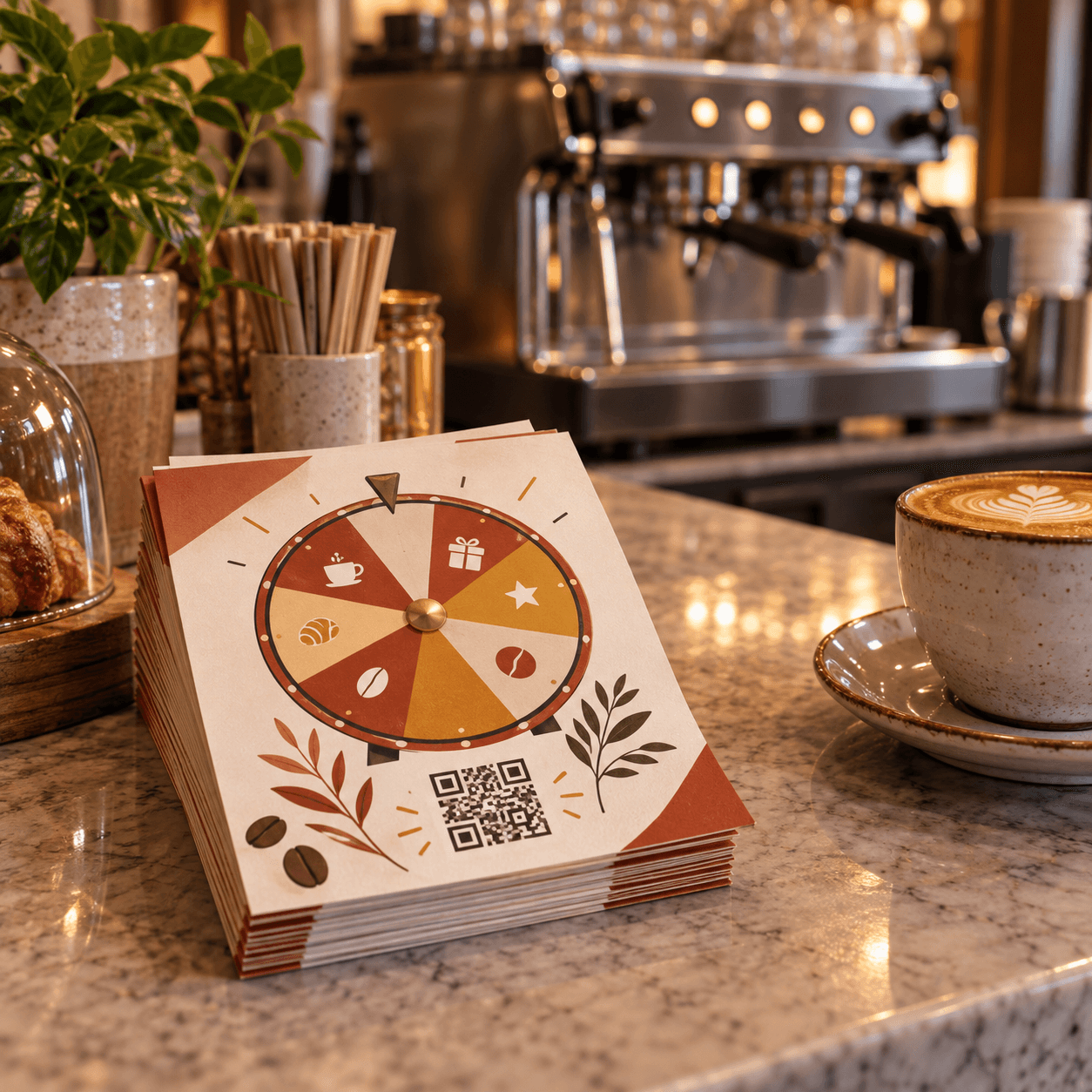 Pile de flyers avec une roue de la chance sur un comptoir de restaurant