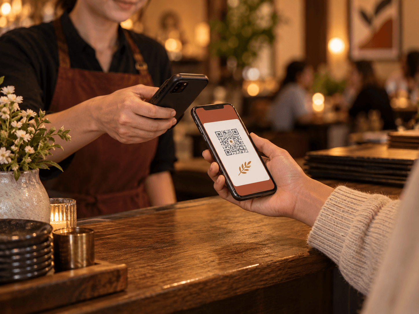 Restaurateur qui valide au comptoir la carte de fidélité digitale affichée sur le téléphone d'un client