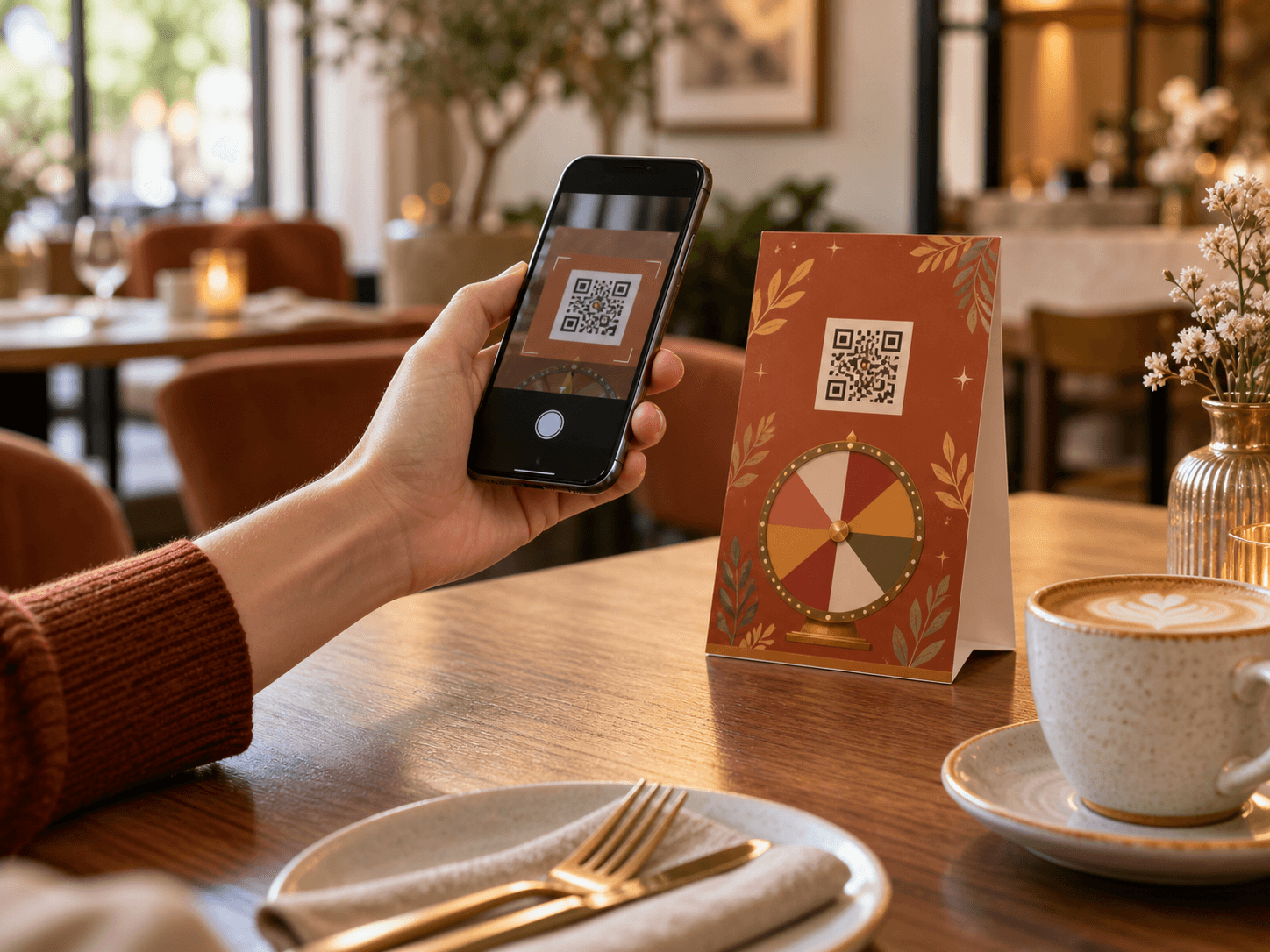 Client qui scanne un QR code sur un flyer à table